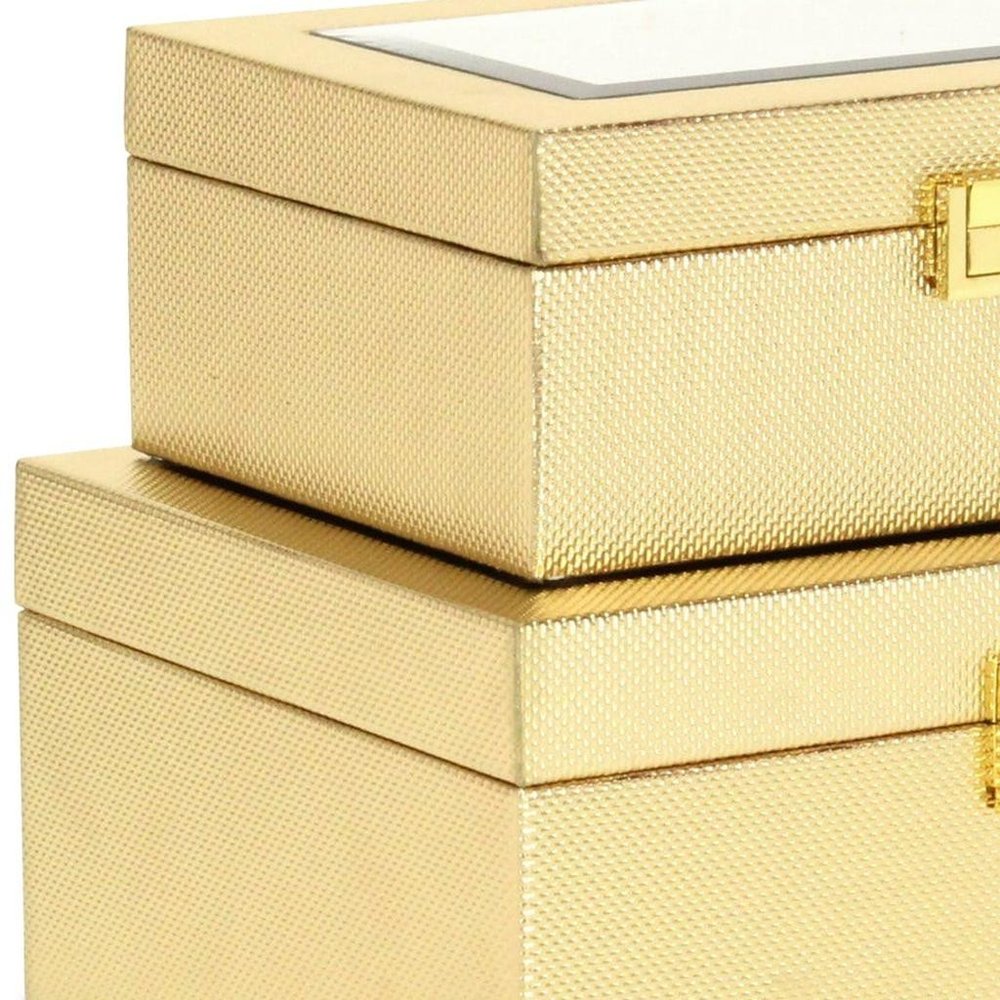 Set Of Two Gold Faux Leather And Mirrored Glass Jewelry Boxes