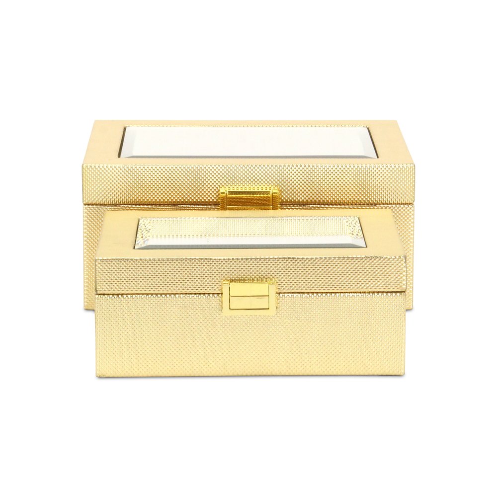 Set Of Two Gold Faux Leather And Mirrored Glass Jewelry Boxes