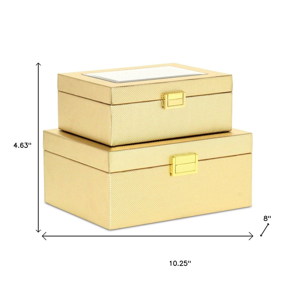 Set Of Two Gold Faux Leather And Mirrored Glass Jewelry Boxes