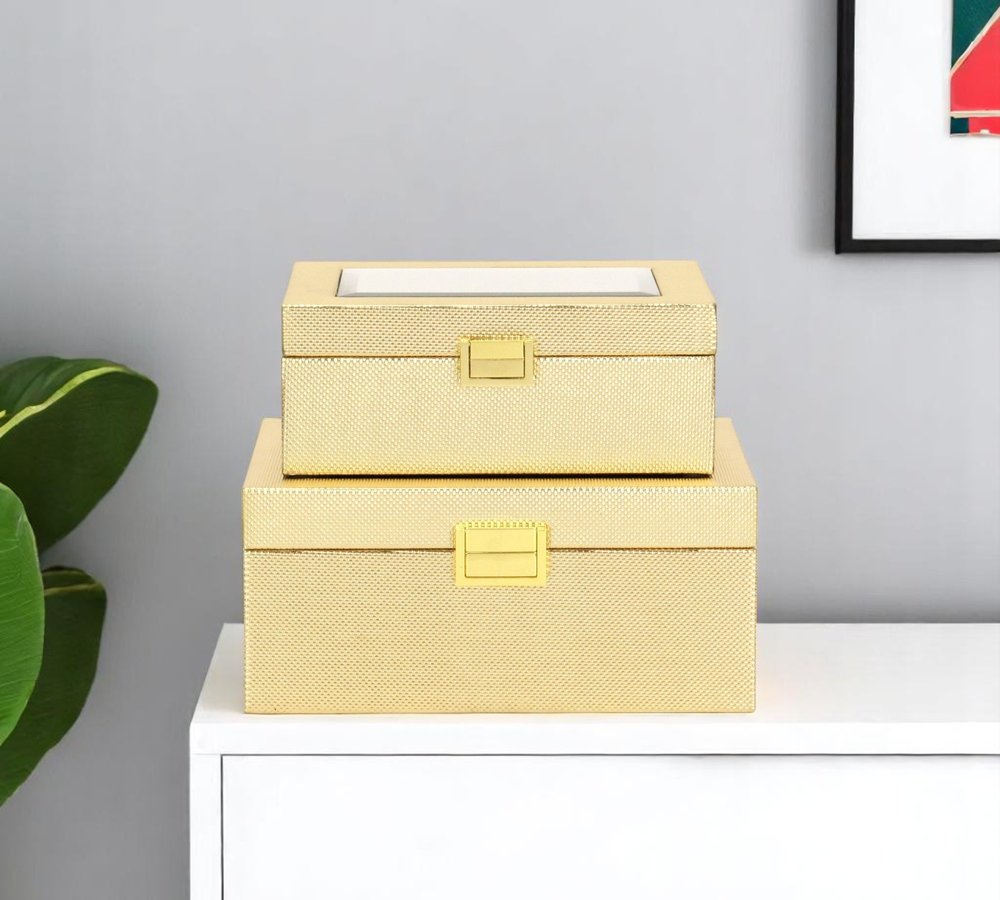 Set Of Two Gold Faux Leather And Mirrored Glass Jewelry Boxes