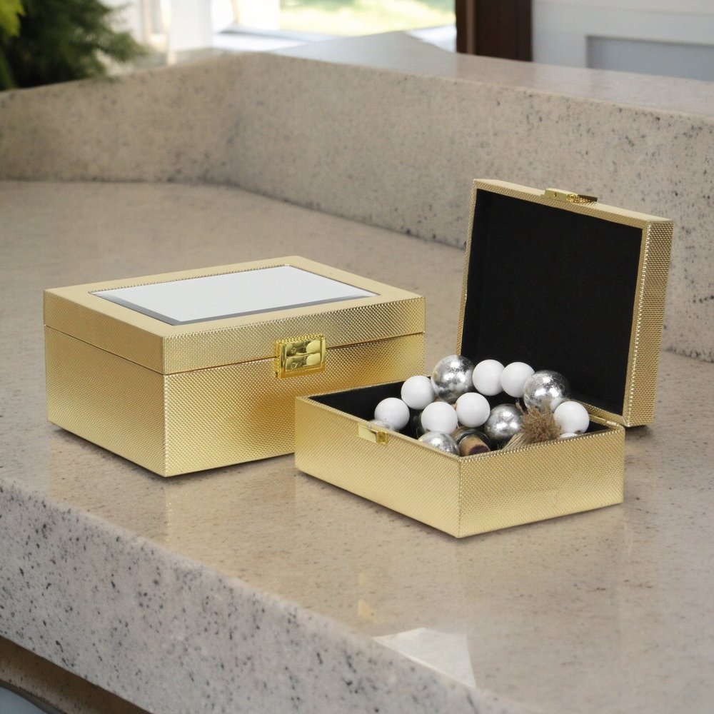 Set Of Two Gold Faux Leather And Mirrored Glass Jewelry Boxes