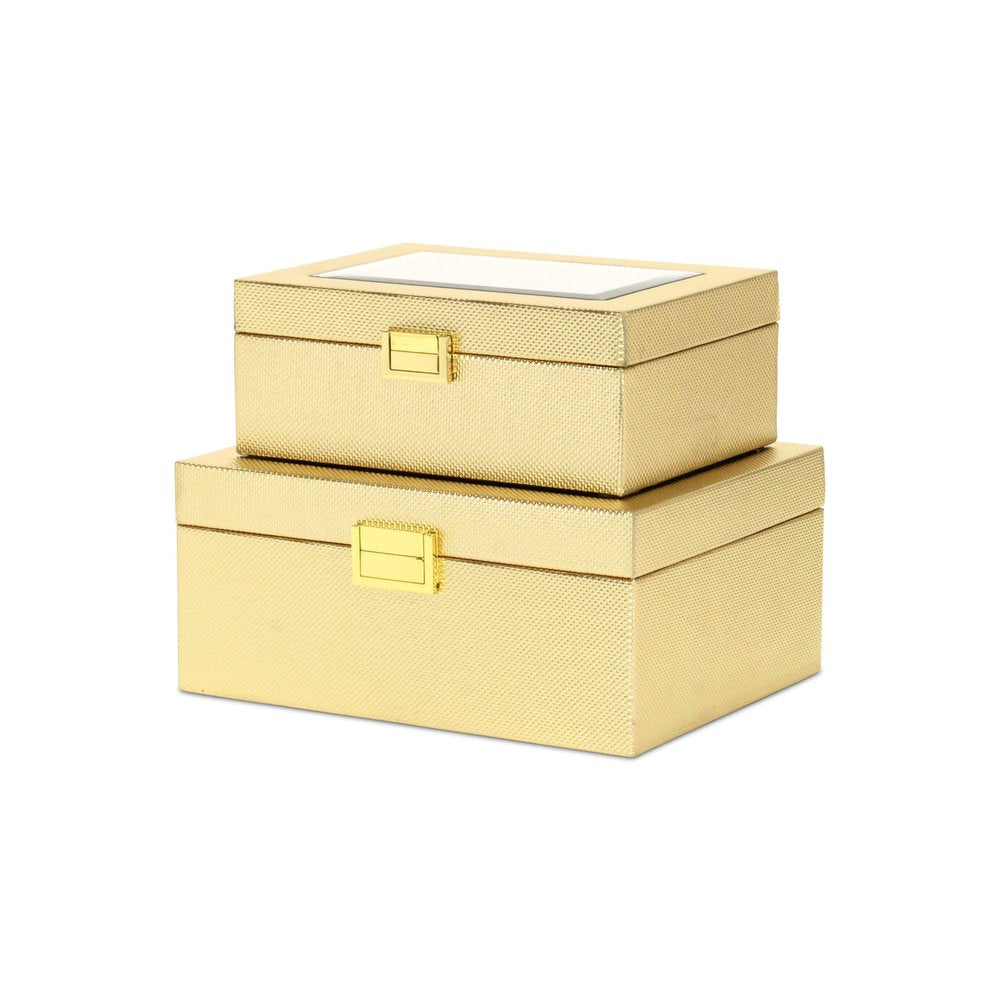 Set Of Two Gold Faux Leather And Mirrored Glass Jewelry Boxes