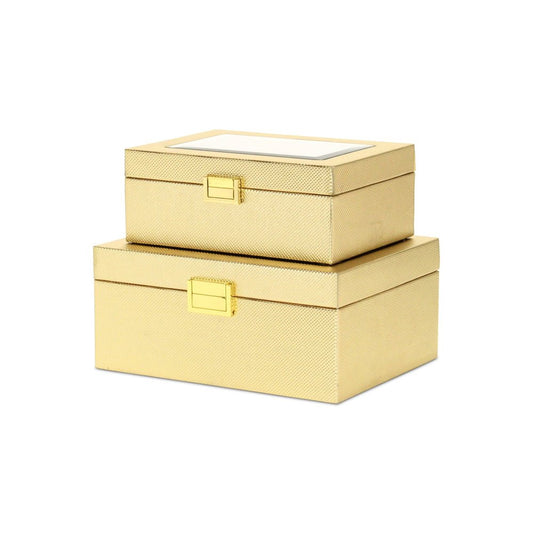 Set Of Two Gold Faux Leather And Mirrored Glass Jewelry Boxes
