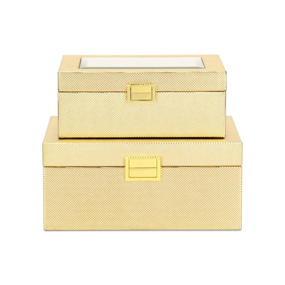 Set Of Two Gold Faux Leather And Mirrored Glass Jewelry Boxes
