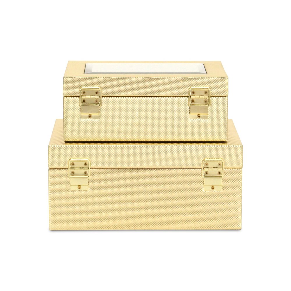 Set Of Two Gold Faux Leather And Mirrored Glass Jewelry Boxes