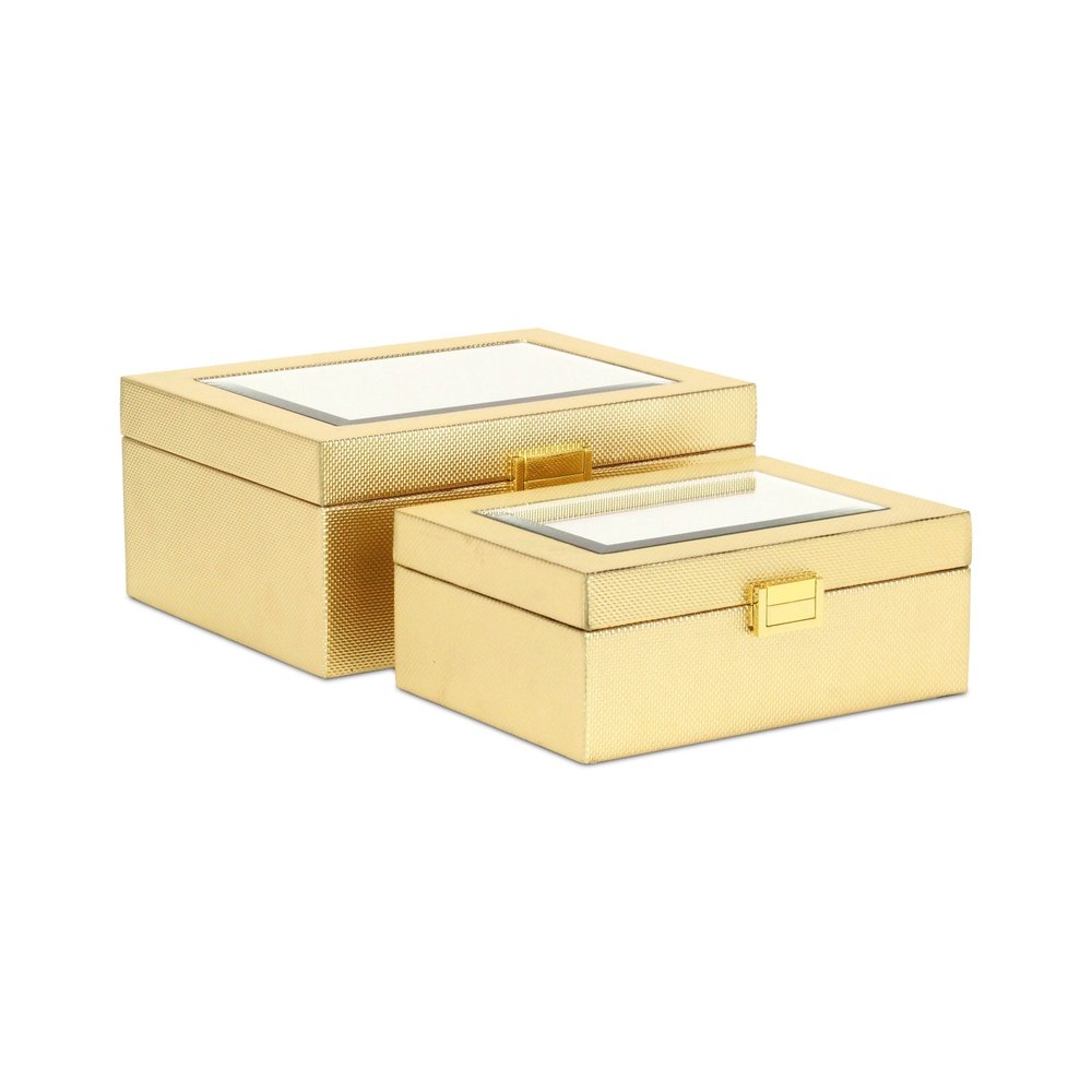 Set Of Two Gold Faux Leather And Mirrored Glass Jewelry Boxes