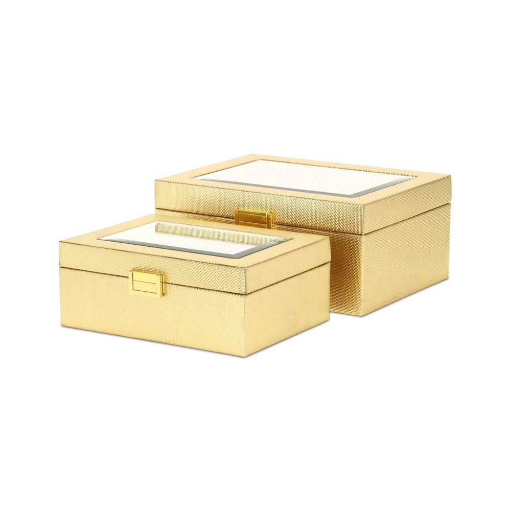 Set Of Two Gold Faux Leather And Mirrored Glass Jewelry Boxes