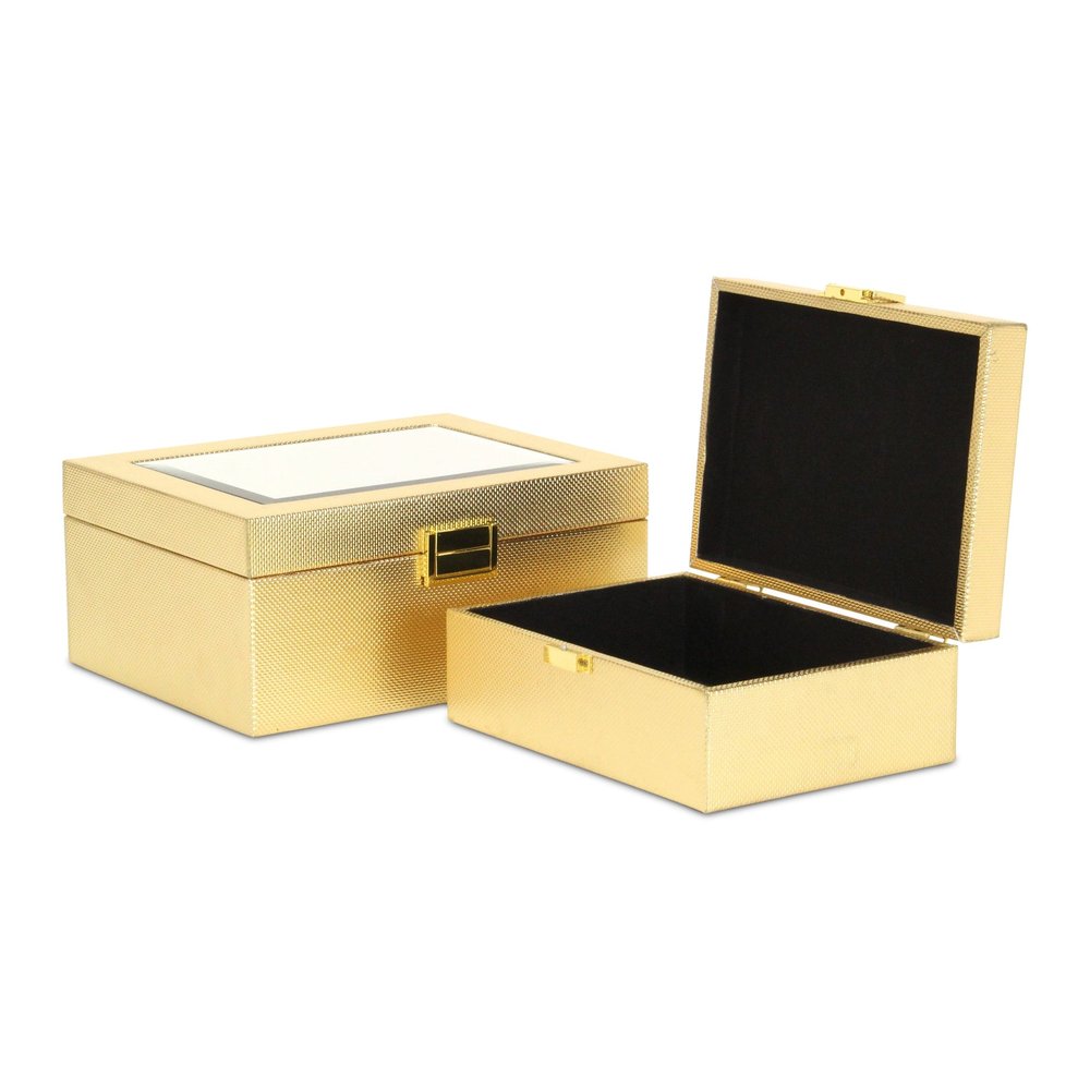 Set Of Two Gold Faux Leather And Mirrored Glass Jewelry Boxes