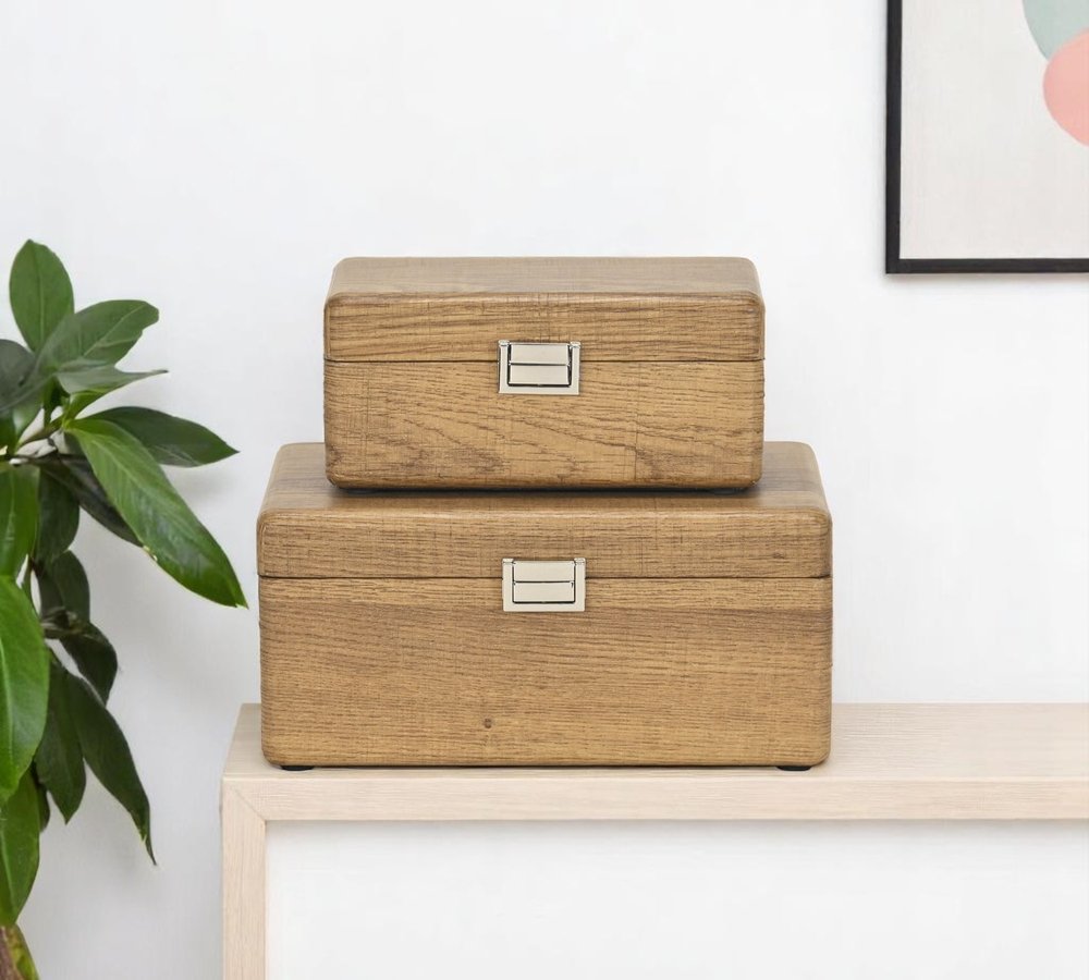 Set Of Two Brown Solid Wood Jewelry Boxes