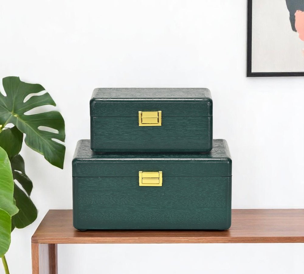Set Of Two Green Solid Wood Jewelry Boxes