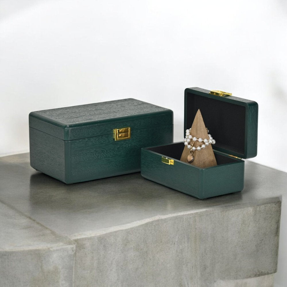 Set Of Two Green Solid Wood Jewelry Boxes