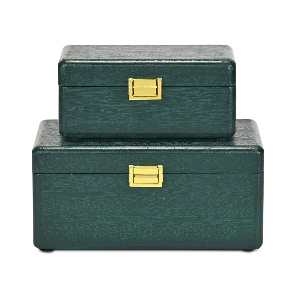 Set Of Two Green Solid Wood Jewelry Boxes