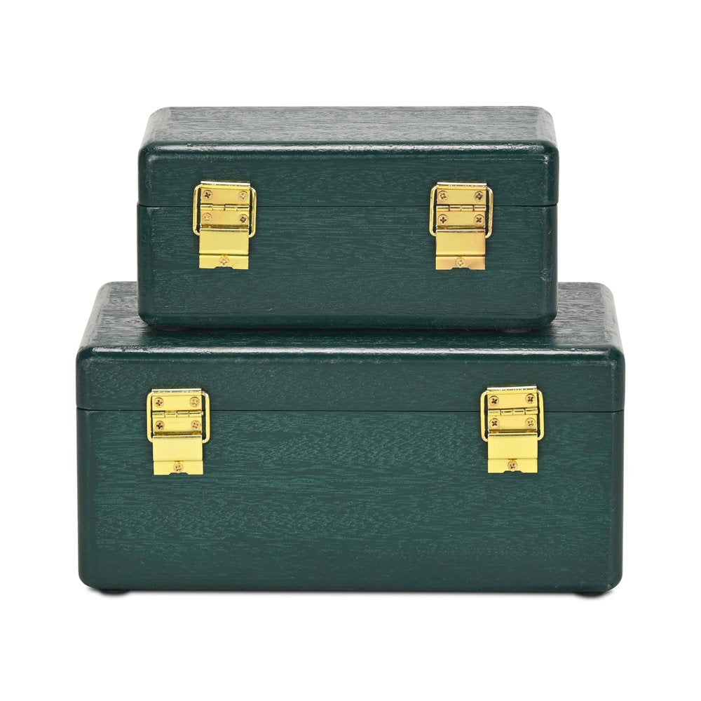 Set Of Two Green Solid Wood Jewelry Boxes