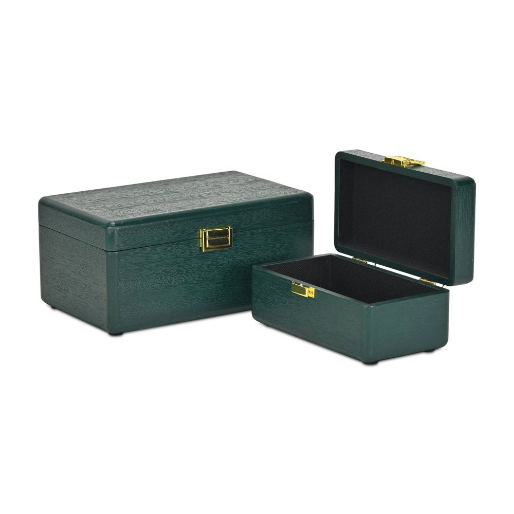 Set Of Two Green Solid Wood Jewelry Boxes
