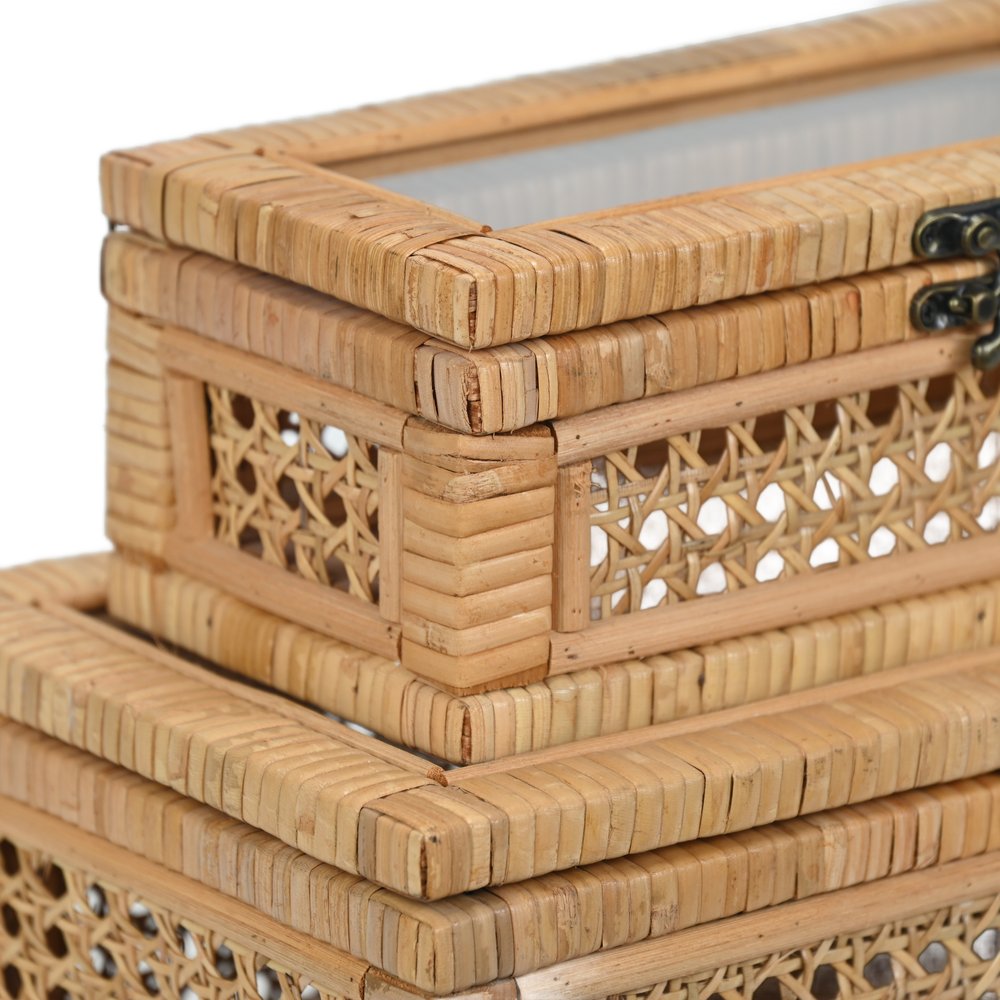 Set Of Two Natural Wood Rattan And Glass  Jewelry Boxes