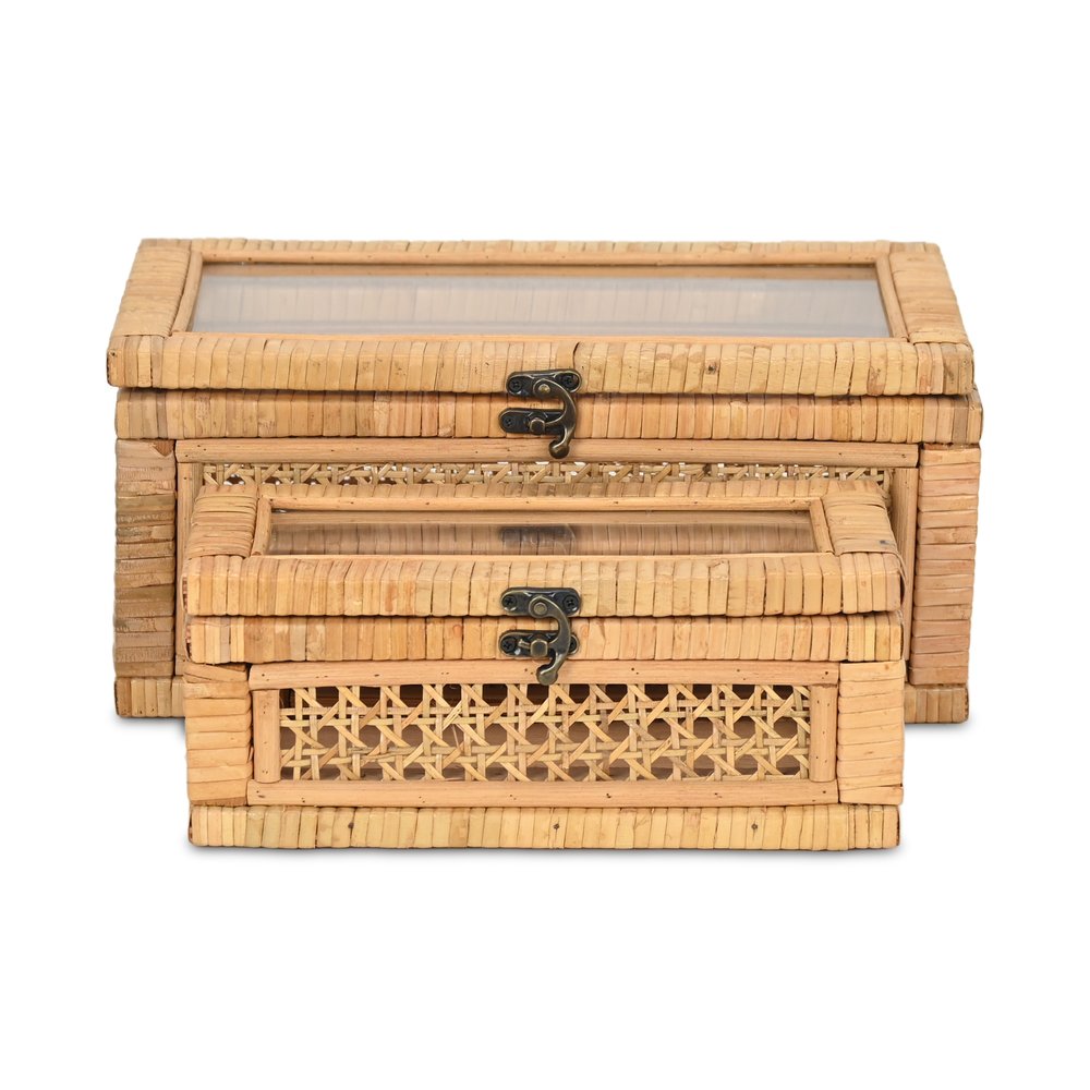 Set Of Two Natural Wood Rattan And Glass  Jewelry Boxes