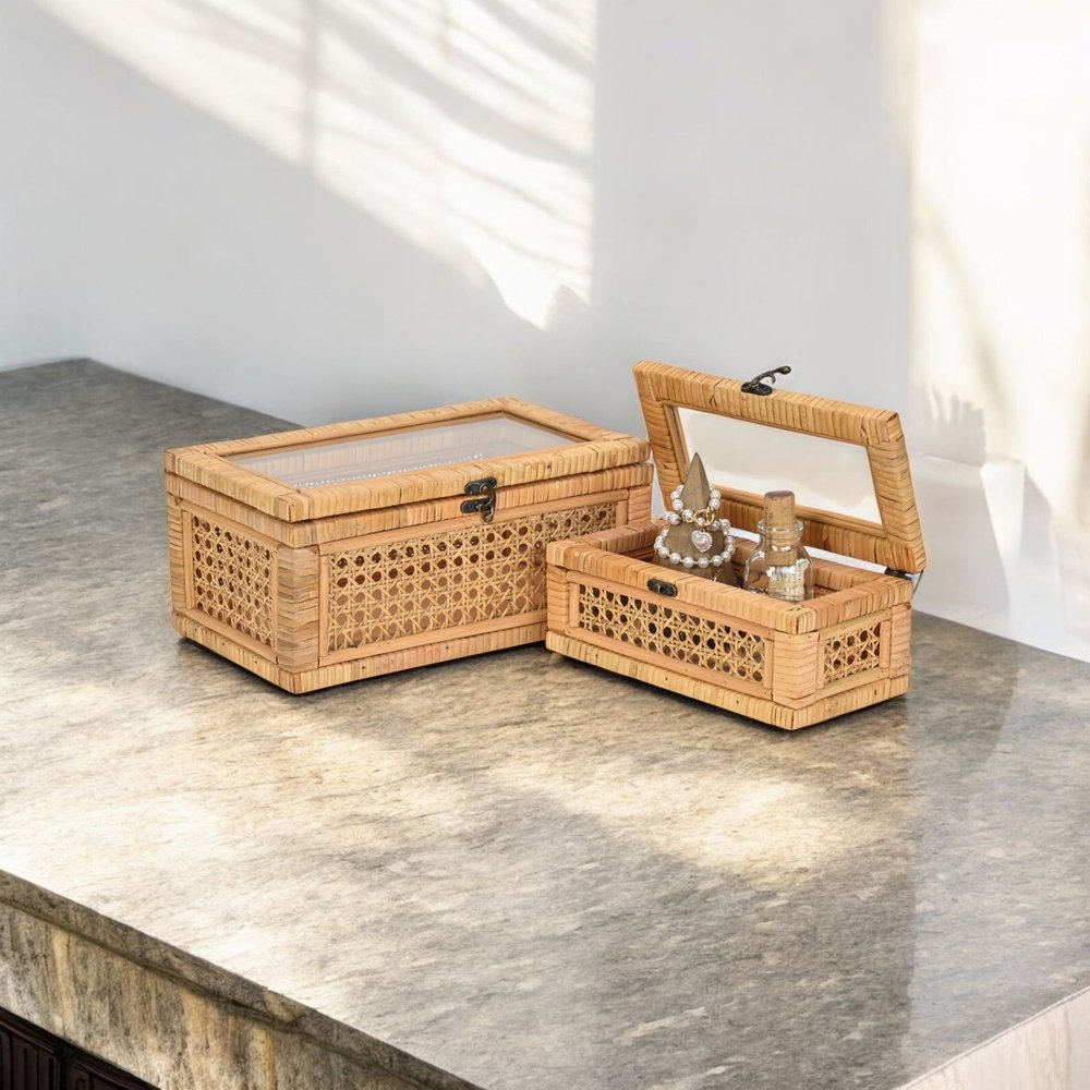Set Of Two Natural Wood Rattan And Glass  Jewelry Boxes