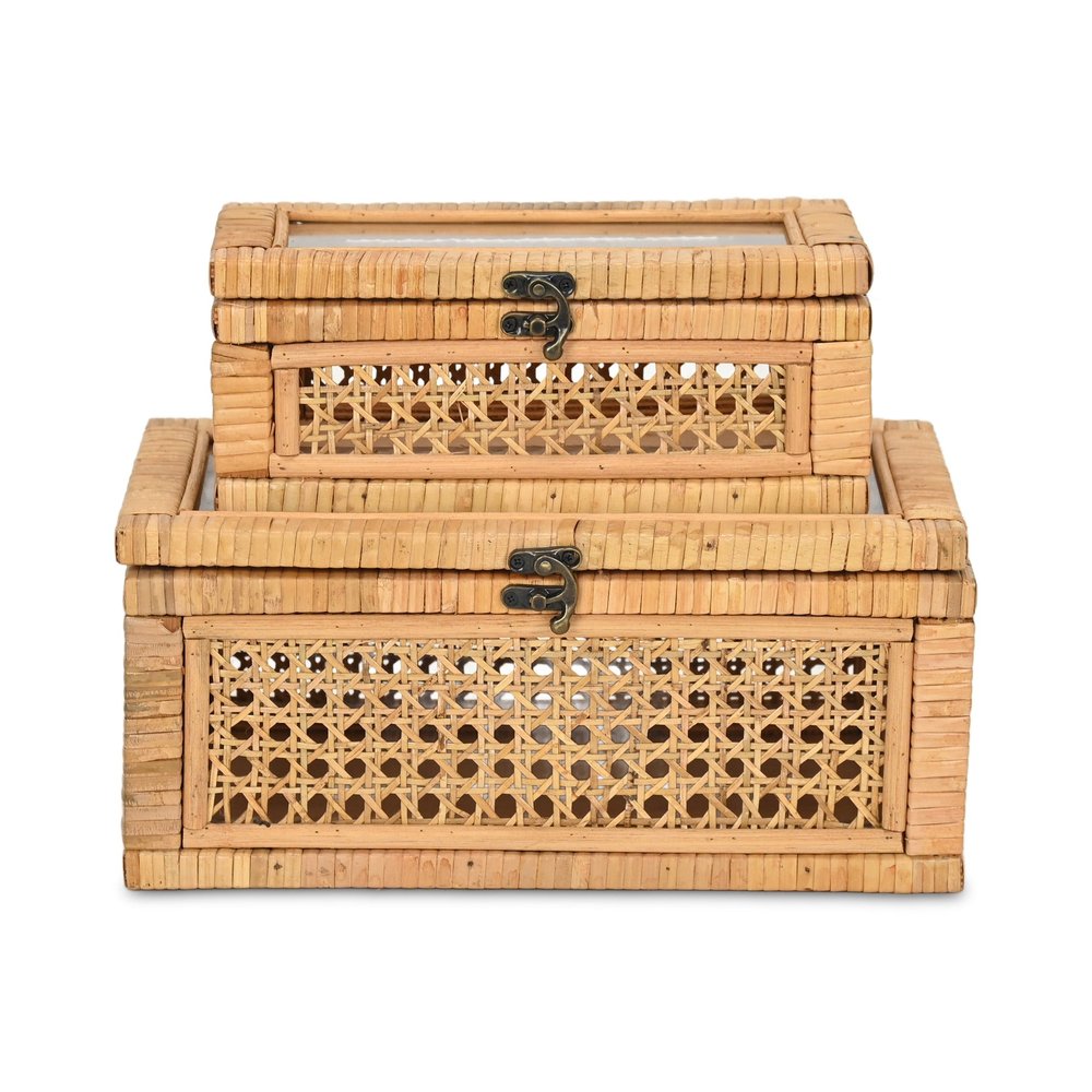 Set Of Two Natural Wood Rattan And Glass  Jewelry Boxes