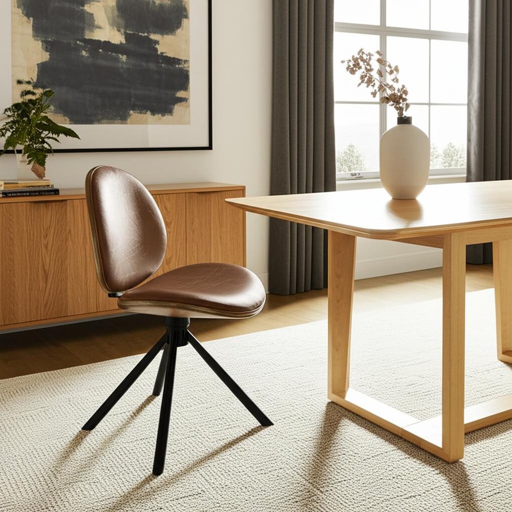 Off White and Natural Upholstered Faux Leather Dining Arm Chair