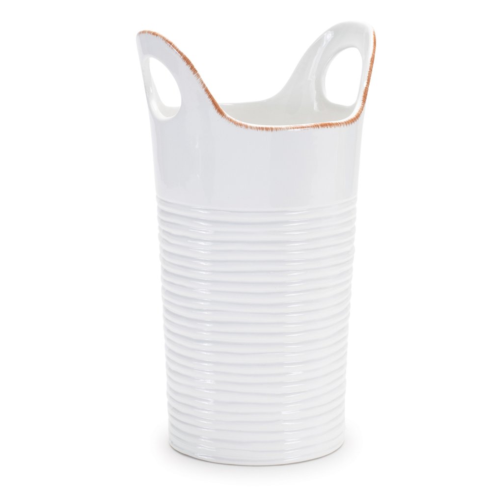 Set of Two White And Beige Ceramic Round Table Vases