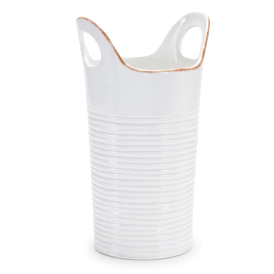 Set of Two White And Beige Ceramic Round Table Vases