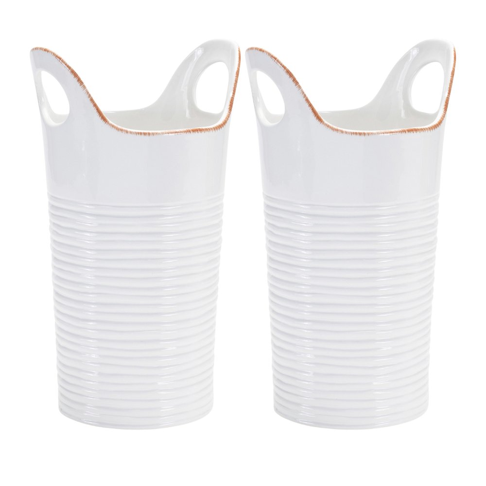 Set of Two White And Beige Ceramic Round Table Vases