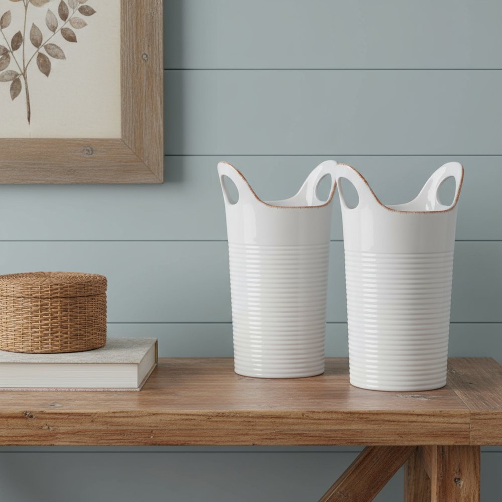 Set of Two White And Beige Ceramic Round Table Vases