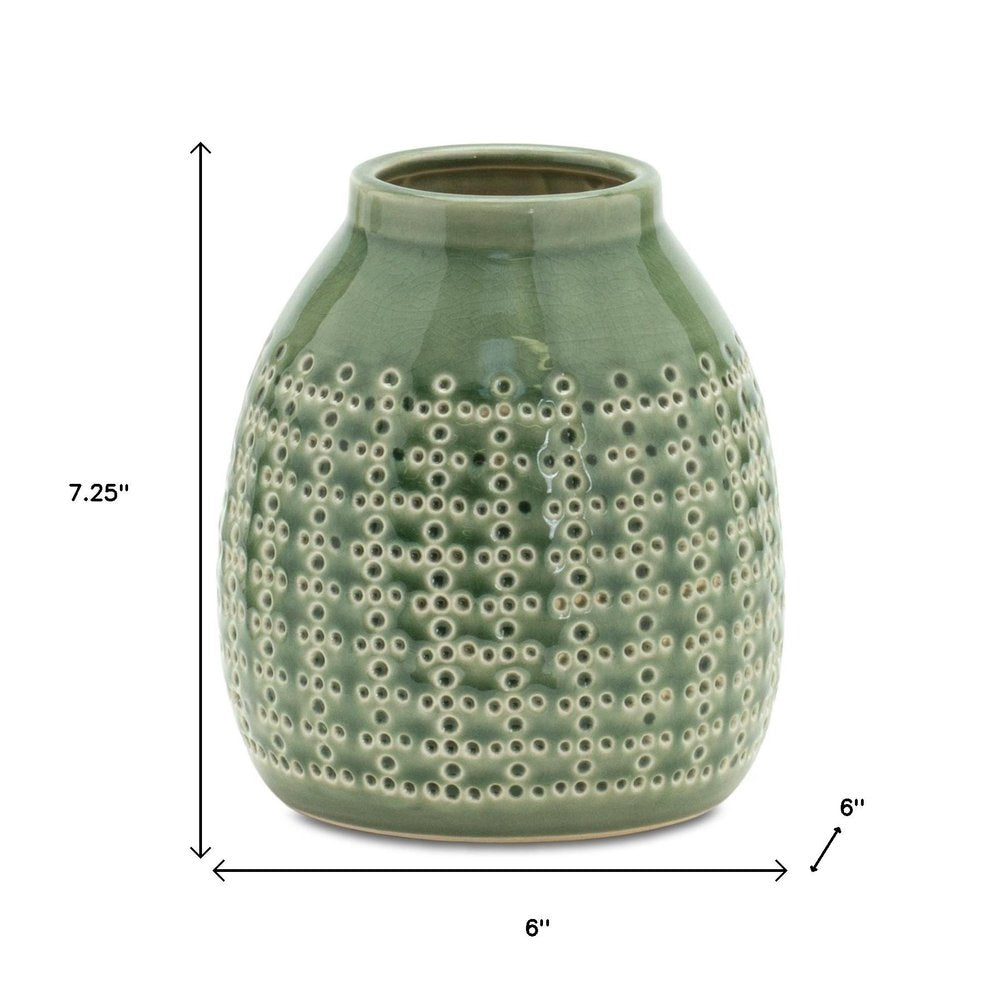 7" Green And White Round Clay Table Vase