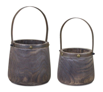 Set of Two Brown Steel And Wood 20 Ounce Round Distressed Pot Planters