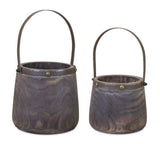 Set of Two Brown Steel And Wood 20 Ounce Round Distressed Pot Planters