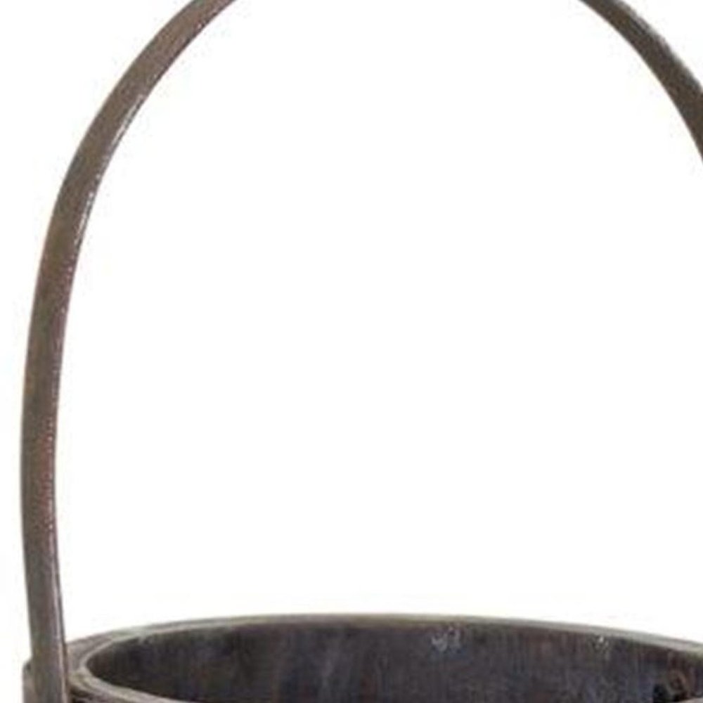 Set of Two Brown Steel And Wood 20 Ounce Round Distressed Pot Planters