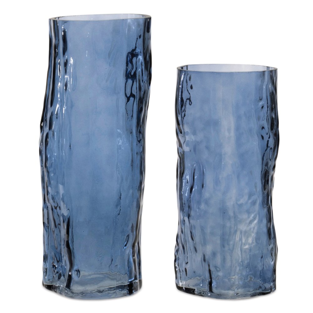 Set of Two Blue Wavy Glass Table Vase