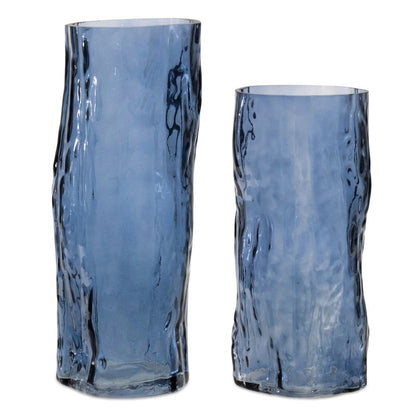 Set of Two Blue Wavy Glass Table Vase