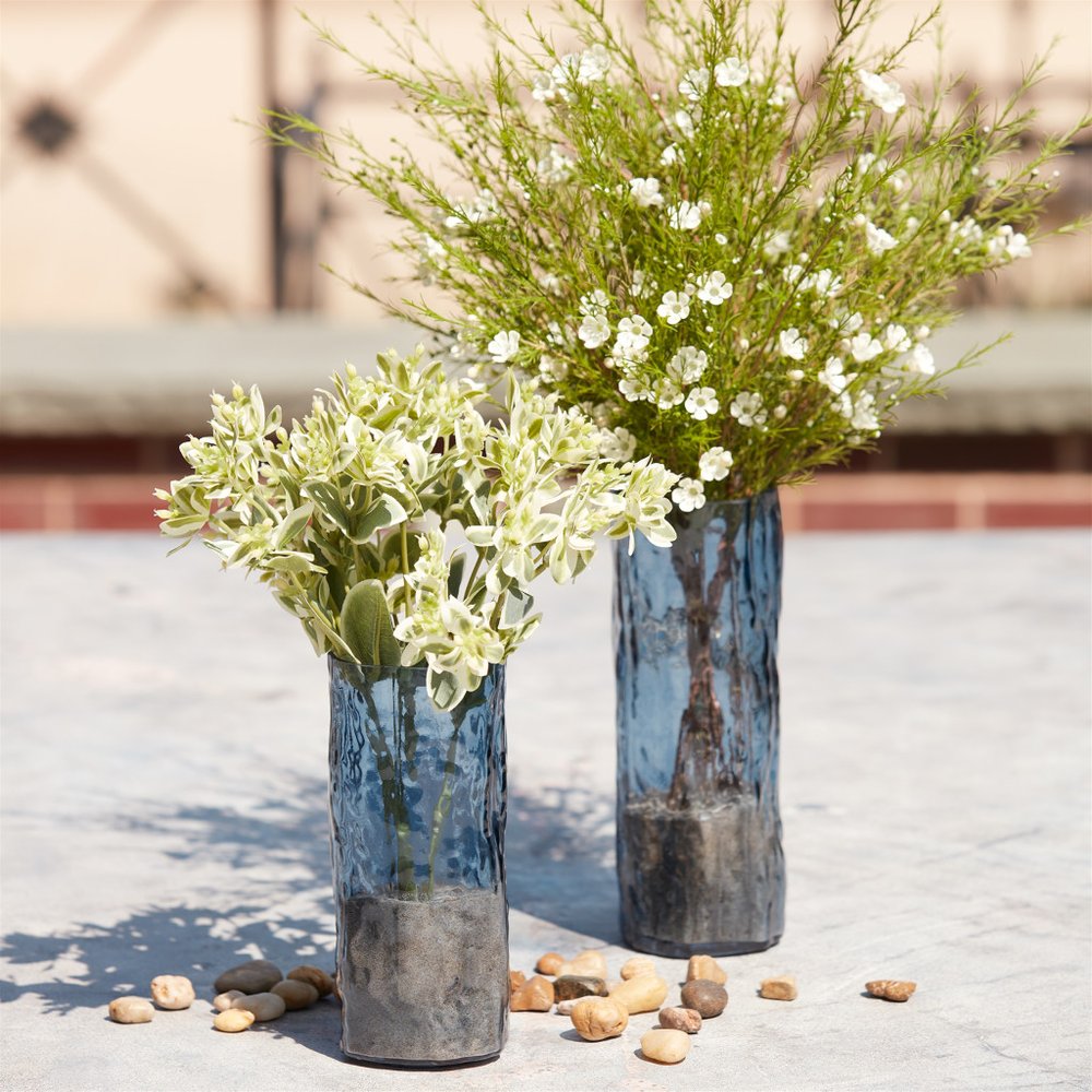 Set of Two Blue Wavy Glass Table Vase
