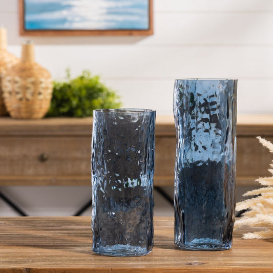 Set of Two Blue Wavy Glass Table Vase