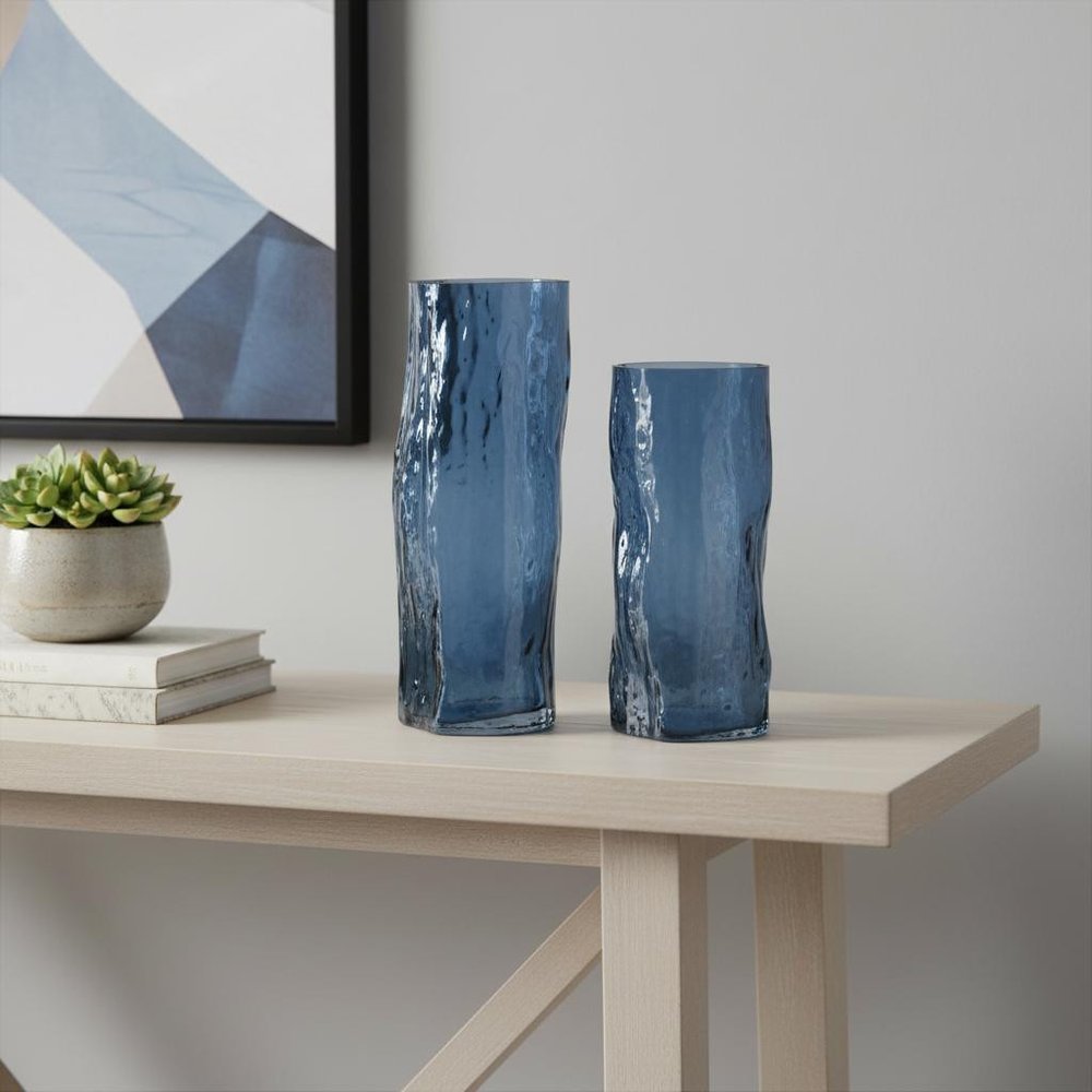 Set of Two Blue Wavy Glass Table Vase