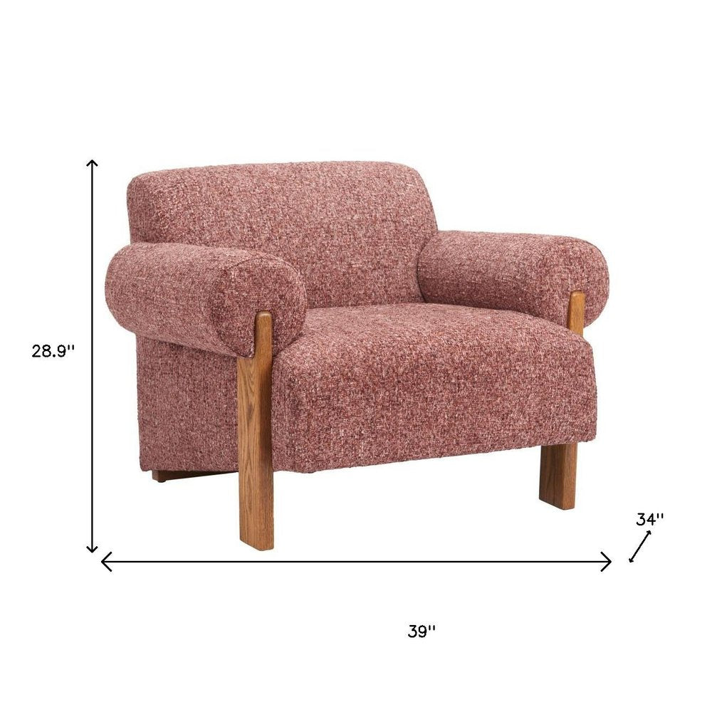 39" Copper And Brown Woven Upholstery And Solid Wood Arm Chair