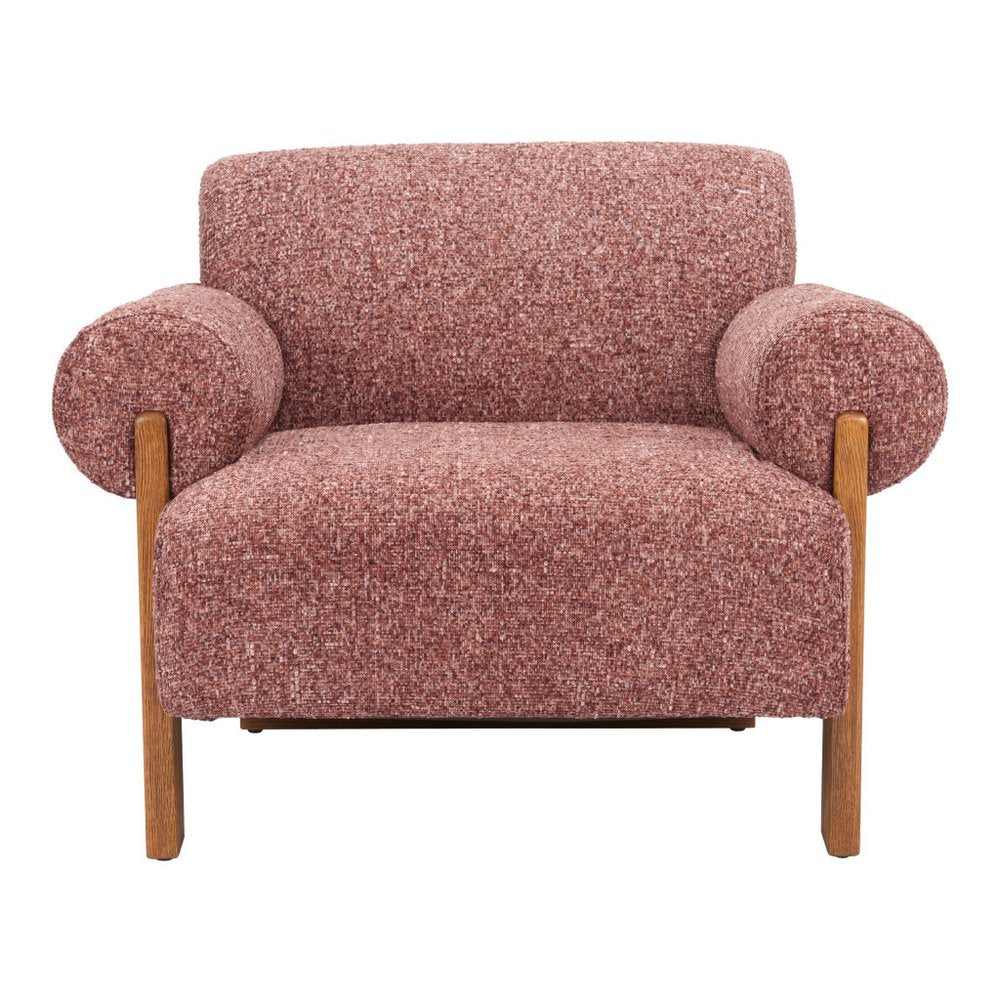 39" Copper And Brown Woven Upholstery And Solid Wood Arm Chair