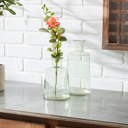 Set of Two Green Glass Round Table Vases