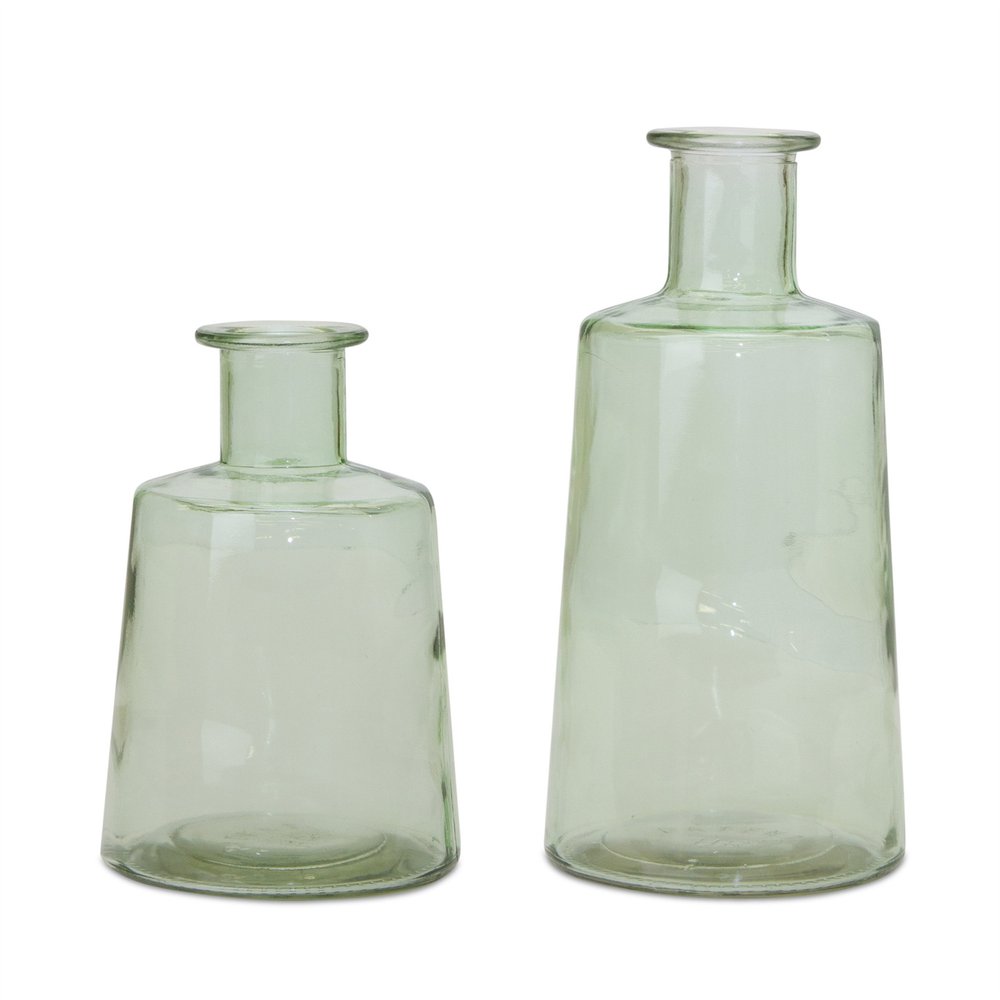 Set of Two Green Round Glass Table Vase