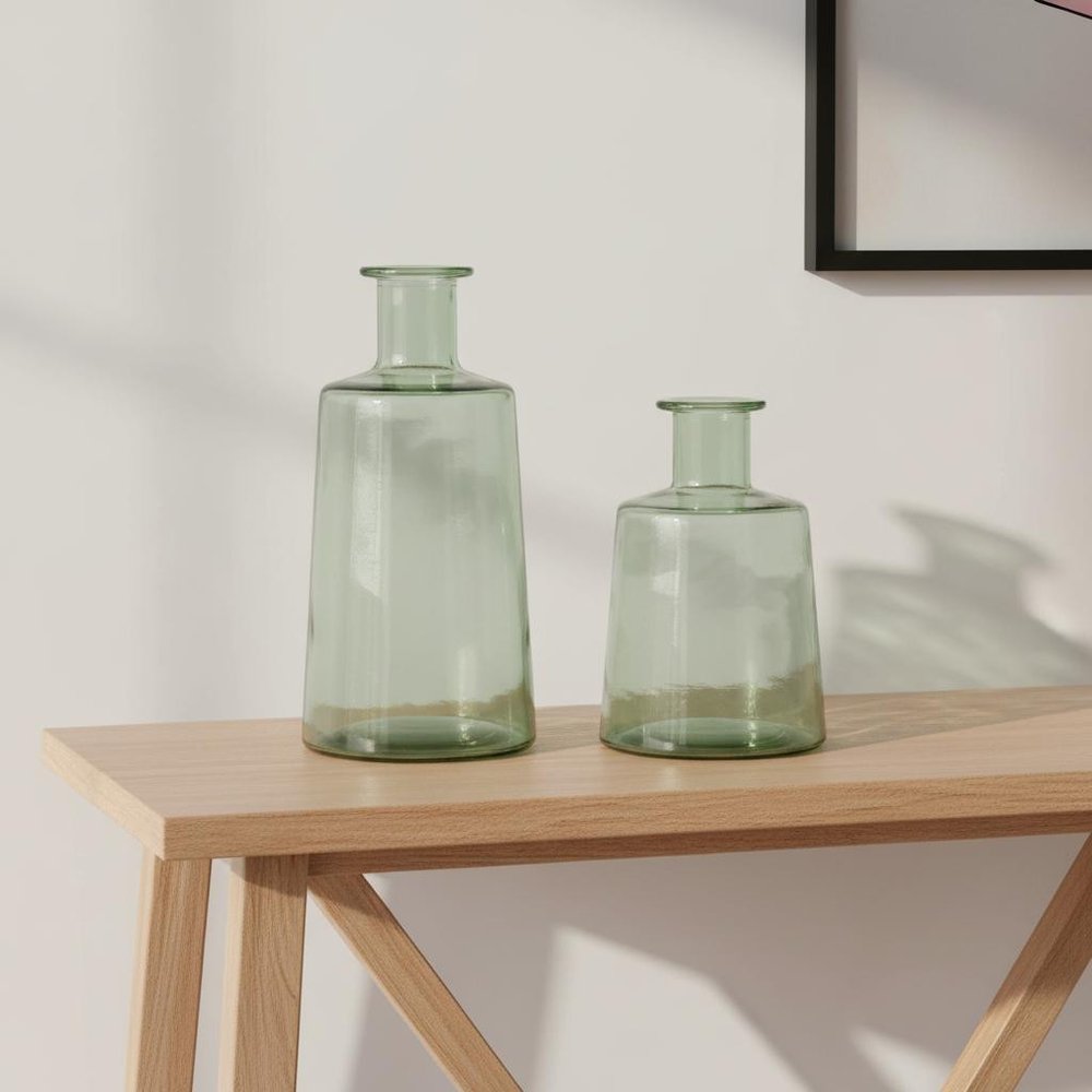 Set of Two Green Round Glass Table Vase