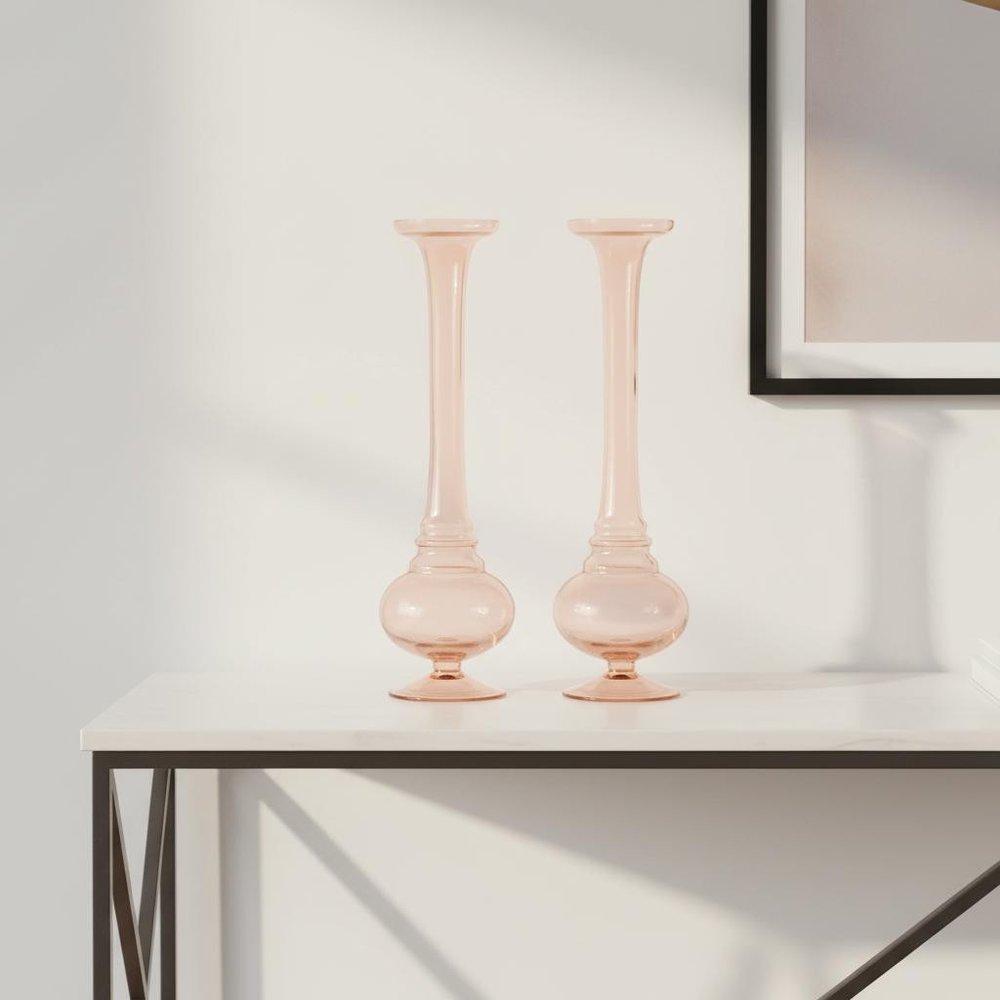 Set of Two Pink Glass Trumpet Table Vases
