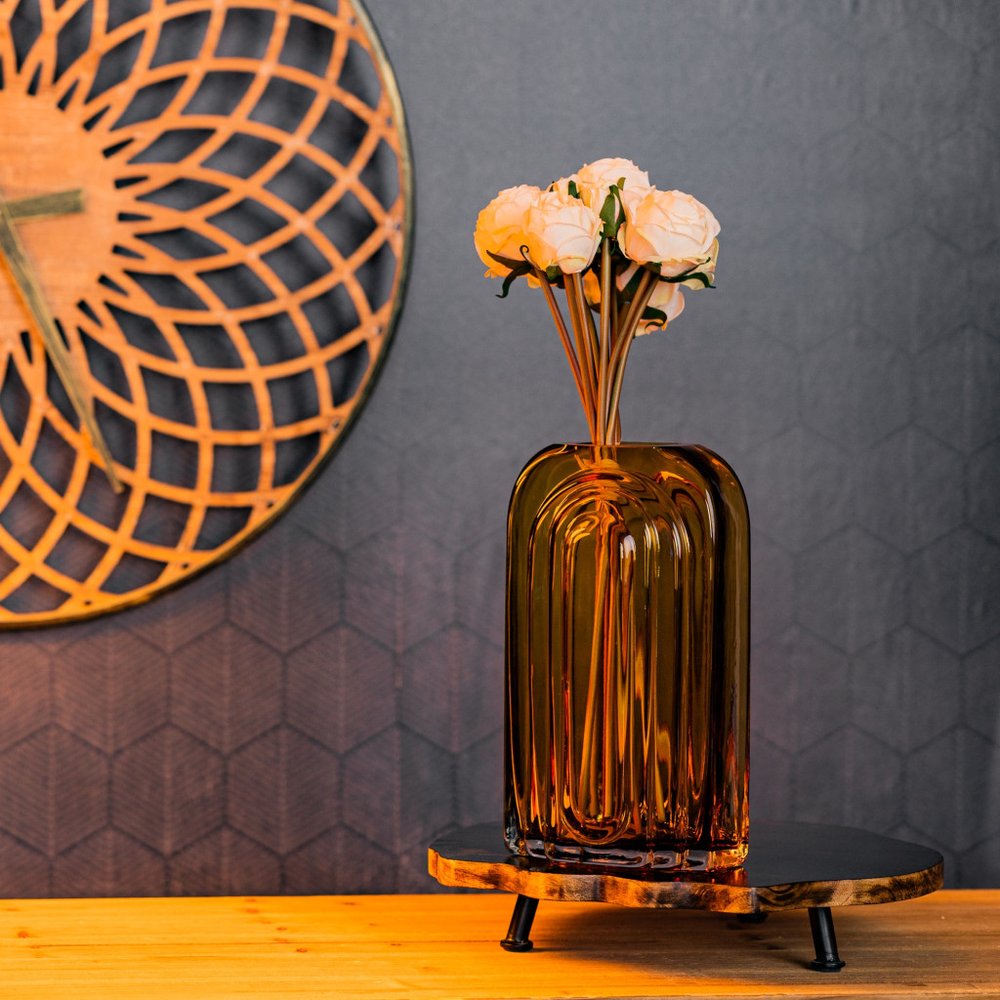 11" Green And Brown Round Glass Table Vase