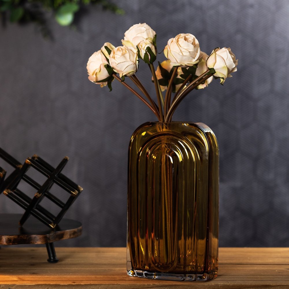 11" Green And Brown Round Glass Table Vase