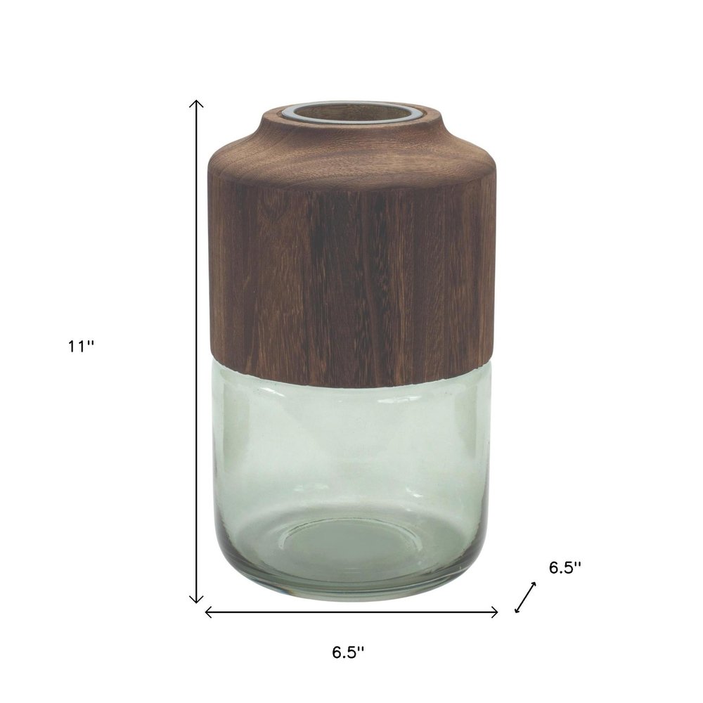 11" Brown And Sage Glass Round Table Vase With Woods