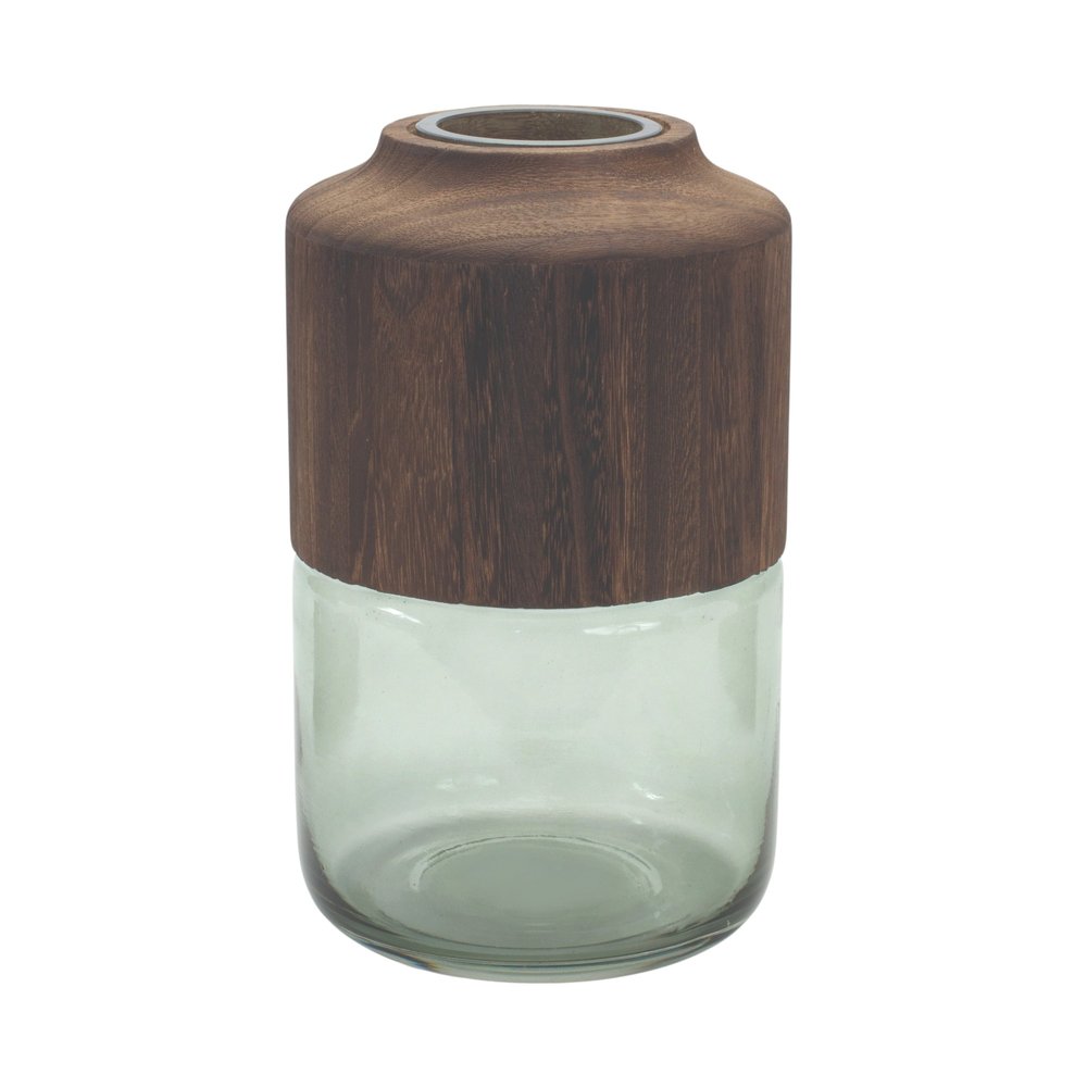 11" Brown And Sage Glass Round Table Vase With Woods