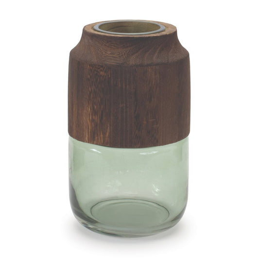 9" Brown And Sage Glass Cylindrical Table Vase With Wood
