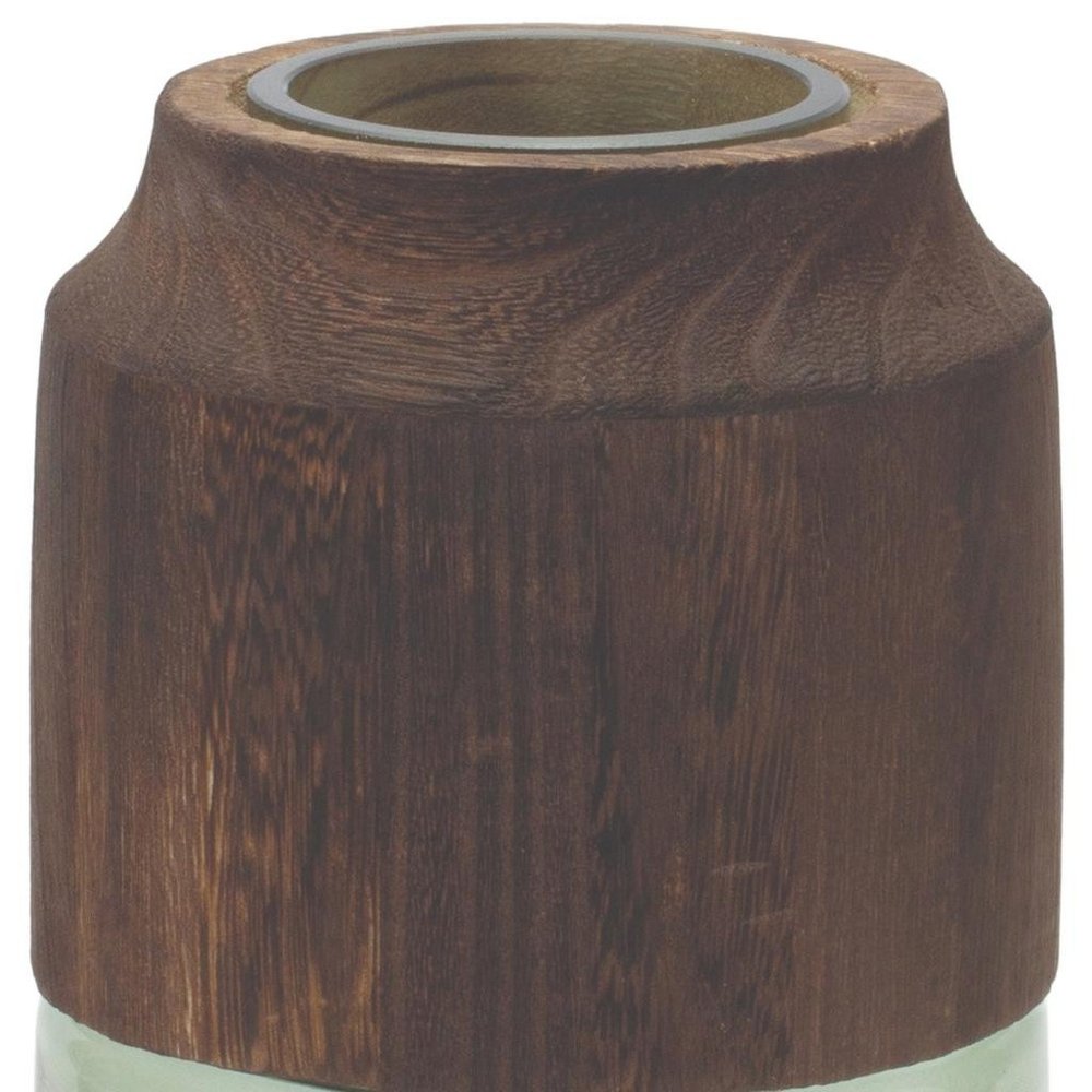 9" Brown And Sage Glass Round Table Vase With Woods