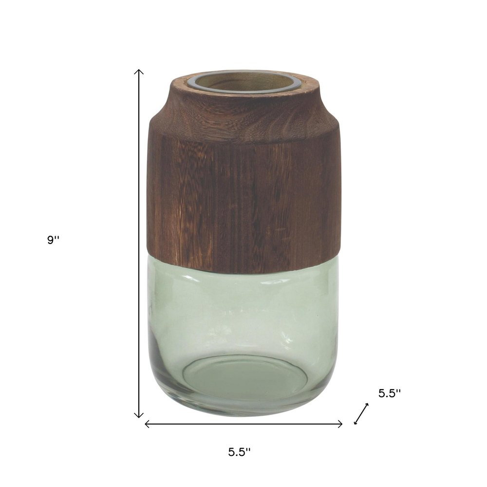 9" Brown And Sage Glass Round Table Vase With Woods