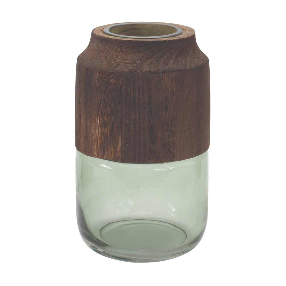 9" Brown And Sage Glass Round Table Vase With Woods